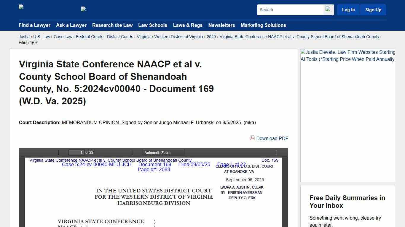 Virginia State Conference NAACP et al v. County School Board of Shenandoah County, No. 5:2024cv00040 - Document 169 (W.D. Va. 2025) :: Justia